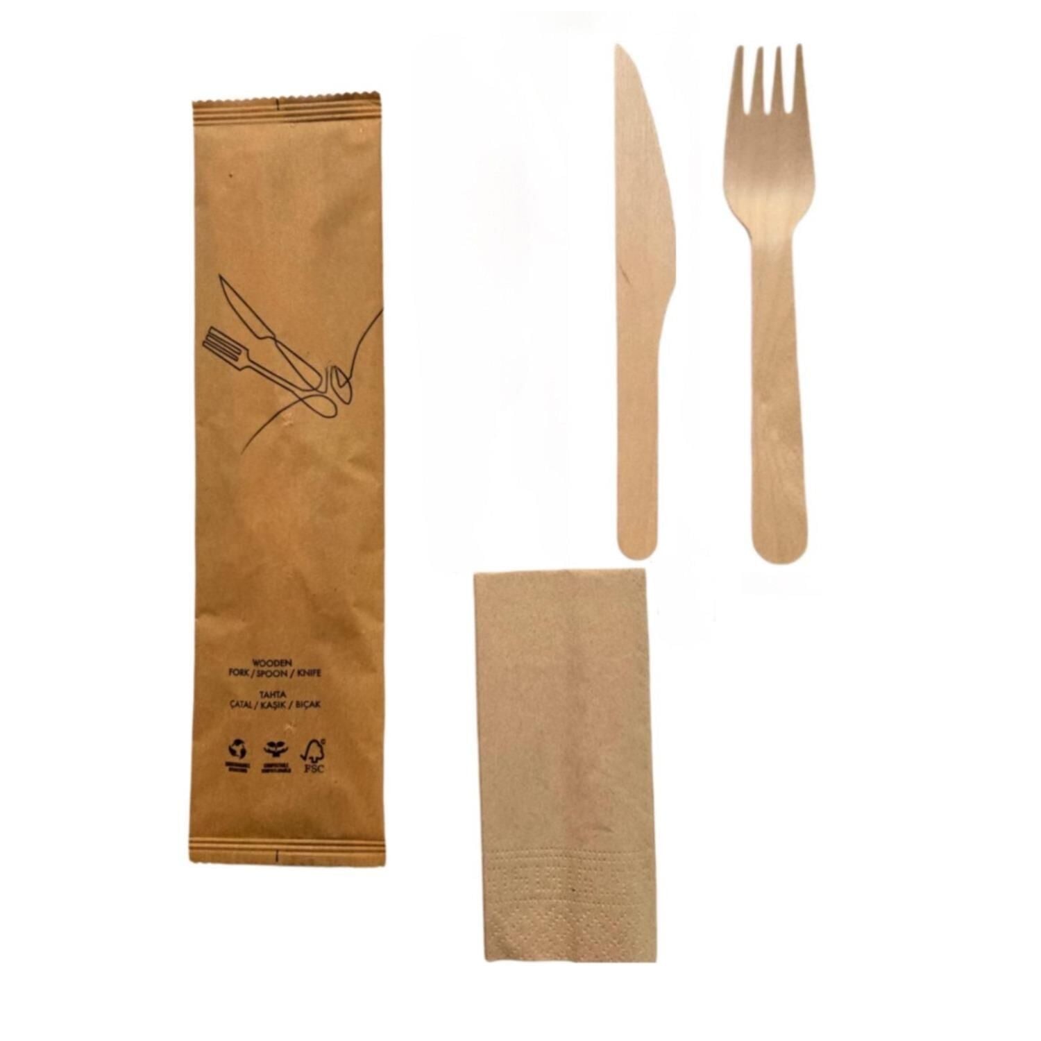 Kraft Kağıt Ambalajlı Tahta Çatal Bıçak  Set 3'lü